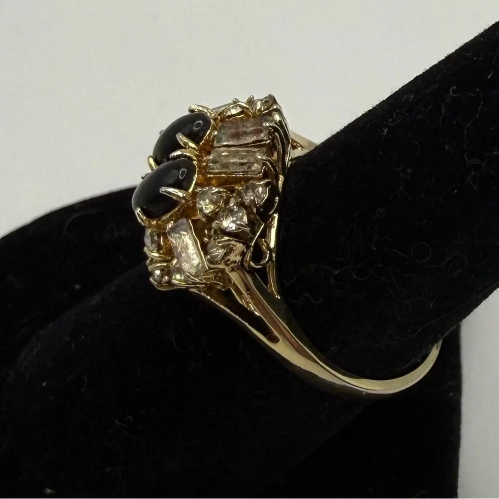 KAO Gold Tone Black Enamel Crystal Cocktail Ring Size 7.25